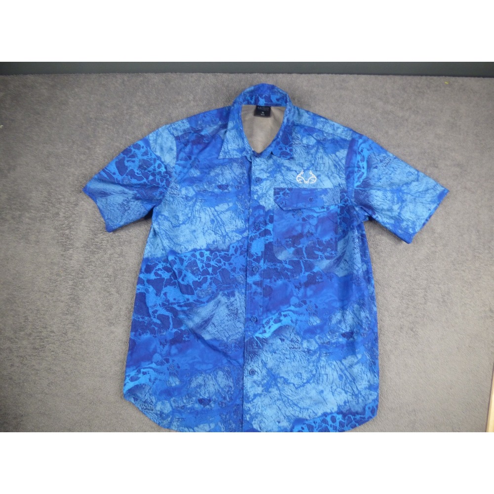 Realtree Fishing Mens Blue Wave Camo Short Sleeve Button Down Shirt Size Medium